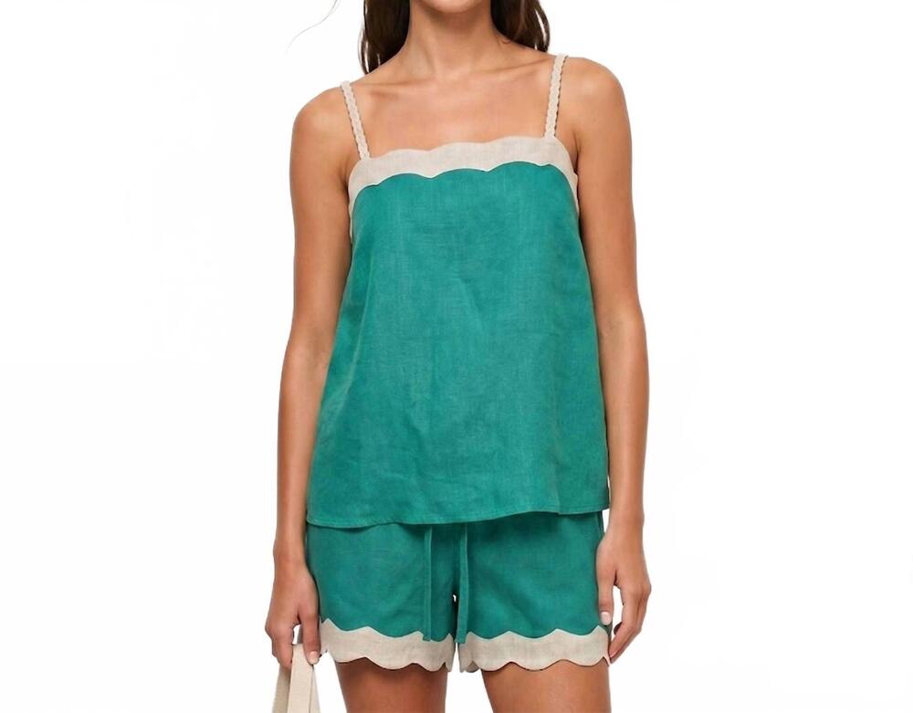 NEW NAKED ZEBRA scallop trim linen tank top in emerald green